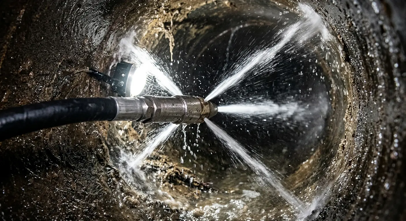 High-pressure hydro jetting nozzle cleaning sewer pipe for Storm Drain Cleaning in Fairlawn