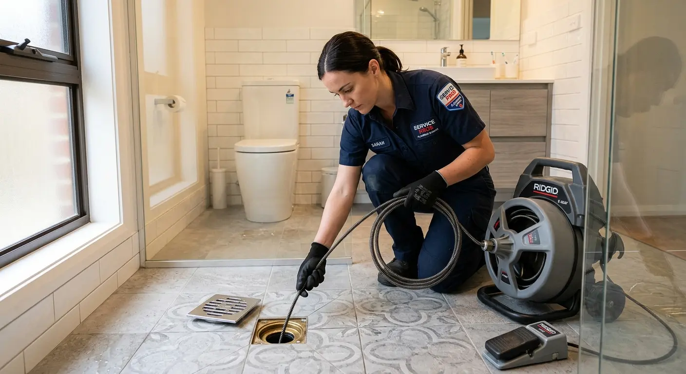 Technician clearing a bathroom floor drain for Drain Repair in Fairlawn